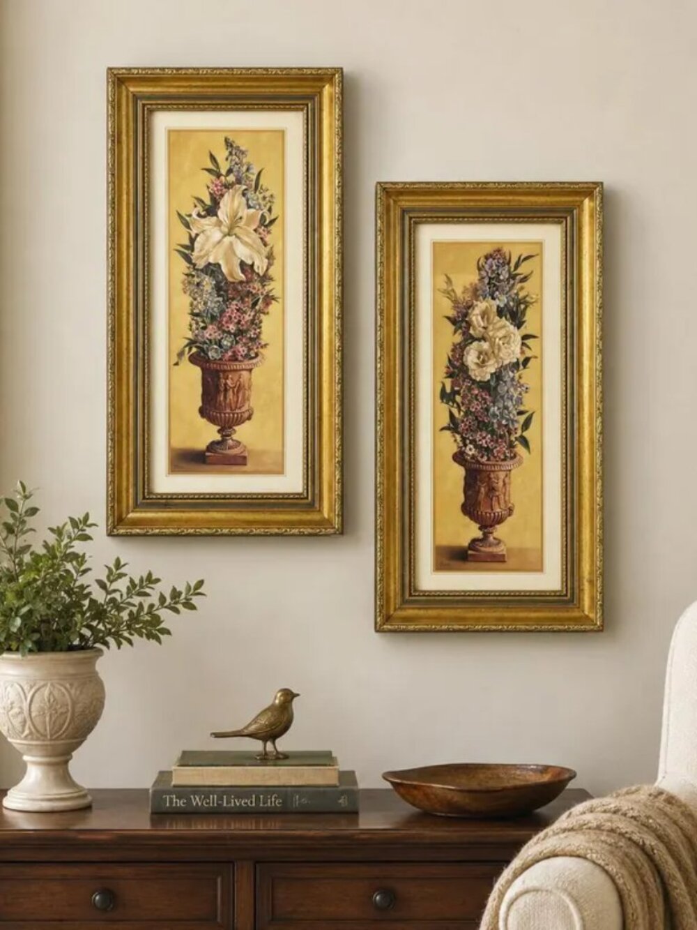 Vintage Bass Floral Urn Wall Art Set of 2 Gold Framed Cottage French Country